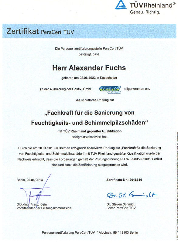 TÜV Zertifikat, Fuchs Malermeister